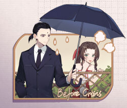1boy 1girl aerith_gainsborough bare_shoulders before_crisis_final_fantasy_vii bindi black_hair black_necktie black_suit braid braided_ponytail breasts brown_hair collared_shirt dress fence final_fantasy final_fantasy_vii formal_clothes green_eyes grey_eyes hair_ribbon halter_dress halterneck holding holding_umbrella jacket lilith-lily long_hair long_sleeves looking_at_another medium_breasts necktie official_alternate_costume parted_bangs pink_ribbon ponytail rain ribbon shirt sidelocks single_braid suit suit_jacket tongue tongue_out tseng umbrella upper_body wavy_hair white_shirt