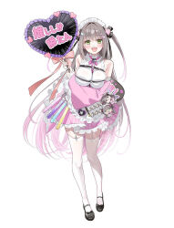 1girl bare_shoulders bow breasts brown_hair chest_belt commission detached_sleeves dress frilled_dress frills full_body garter_straps green_eyes hair_bow highres holding large_breasts long_hair maid maid_headdress open_mouth original pink_skirt piyopoyo shirt simple_background skirt smile thighhighs twintails white_background white_shirt white_thighhighs wide_sleeves