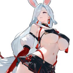 1girl ? absurdres animal_ears armpit_crease arms_behind_back arrow_(symbol) black_shirt black_skirt black_trim blue_eyes breasts cosplay covered_erect_nipples crop_top cropped_shirt detached_sleeves dutch_angle earrings elbow_gloves eyeliner from_below genshin_impact gloves gold_collar hair_ornament hair_over_one_eye hair_ribbon highleg highleg_panties highres jewelry large_breasts long_hair looking_to_the_side low-tied_long_hair makeup microskirt miniskirt navel panties parted_lips rabbit_ears red_eyeliner red_gloves red_ribbon red_rope revealing_clothes ribbon rope sailor_collar shenhe_(genshin_impact) shimakaze_(kancolle) shimakaze_(kancolle)_(cosplay) shiny_skin shirt simple_background skirt sleeveless sleeveless_shirt solo standing stomach tassel tassel_earrings textless_version turning_head underboob underwear very_long_hair white_background white_hair white_sailor_collar white_sleeves yumeto_(ym-1)