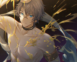 Rule 34 | 1boy, arm up, armlet, blue eyes, closed mouth, collarbone, commentary request, crossed bangs, grey hair, highres, honkai: star rail, honkai (series), jewelry, looking at viewer, male focus, neck tattoo, parted bangs, pectorals, phainon (honkai: star rail), rune (rne at), solo, tattoo, topless male, upper body