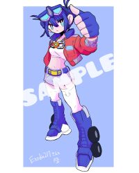 1girl blue_background blue_boots blue_eyes blue_hair boots border breasts chain commission eyewear_on_head glasses hair_behind_ear highres jewelry kotobukiya_bishoujo looking_at_viewer matrix_of_leadership medium_breasts midriff navel necklace optimus_prime optimus_prime_(kotobukiya_bishoujo) parody sample_watermark skeb_commission solo tanaki_bouei thighhighs thumbs_up transformers transformers:_rise_of_the_beasts transformers_(live_action) v-shaped_eyebrows watermark wheel white_border white_thighhighs