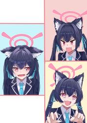 Rule 34 | 1girl, absurdres, angry, animal ear fluff, animal ears, black hair, black jacket, blue archive, blue necktie, blue ribbon, blush, cat ears, cat girl, collared shirt, commentary, eyelashes, fang, fangs, fujiwara haru (nekonote), furrowed brow, hair between eyes, hair intakes, hair ribbon, halo, hands up, highres, jacket, jitome, long hair, looking at viewer, looking to the side, multiple expressions, multiple views, necktie, open mouth, pink halo, pink pupils, red eyes, ribbon, school uniform, serika (blue archive), shirt, simple background, skin fang, skin fangs, slit pupils, smile, straight hair, surprised, sweatdrop, tsurime, twintails, upper body, v-shaped eyebrows, white shirt, wide-eyed