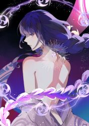 Rule 34 | 1girl, back, back tattoo, bare arms, bare back, bare shoulders, blue background, blunt bangs, braid, from behind, genshin impact, glowing, glowing hair, gradient background, gradient hair, hair flowing over, hand on own shoulder, highres, jacket, japanese clothes, kimono, koooootaaaaaaa3, long hair, looking at viewer, looking to the side, mitsudomoe (shape), multicolored hair, parted lips, pink jacket, purple background, purple eyes, purple hair, purple kimono, raiden shogun, shade, single braid, solo, standing, tattoo, tomoe (symbol), unworn clothes, upper body