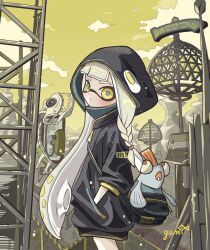 Rule 34 | 1girl, black hood, black jacket, braid, cloud, commentary request, grey hair, hand in pocket, highres, in-universe location, inkling, inkling girl, inkling player character, jacket, long hair, looking at viewer, nintendo, osakanagumi11, outdoors, single braid, sky, smallfry (splatoon), solo, splatoon (series), splatoon 3, star-shaped pupils, star (symbol), symbol-shaped pupils, tentacle hair, very long hair, yellow eyes, yellow sky