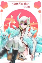 1girl 2018 :3 bare_shoulders black_footwear bleach breasts closed_mouth commentary_request detached_sleeves dog feet_out_of_frame flame_print green_hair hair_ornament happy_new_year highres hug knees_together_feet_apart knees_up kukkapuuro lilynette_gingerbuck looking_at_viewer mask nengajou new_year one_eye_covered open_clothes open_vest petting purple_eyes red_background red_eyes short_hair simple_background sitting skull_hair_ornament skull_mask sleeves_past_wrists small_breasts smile solo split_mouth sumire_1046 thighhighs two-tone_background vest white_background white_thighhighs white_vest wolf