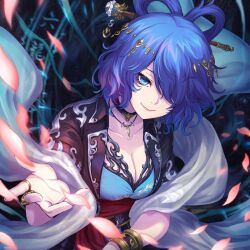 Rule 34 | 1girl, absurdres, alternate costume, black choker, black jacket, blue hair, bracelet, breasts, choker, cleavage, closed mouth, collarbone, commentary request, eyelashes, fingernails, hagoromo, hair between eyes, hair ornament, hair over one eye, hair rings, hair stick, head tilt, highres, jacket, jewelry, kaku seiga, long fingernails, long hair, long sleeves, looking at viewer, medium breasts, medium hair, necklace, nose, obi, open clothes, open jacket, petals, re (re 09), reaching, reaching towards viewer, ring, sash, second-party source, shawl, smile, solo, touhou