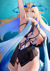 1girl absurdres alternate_breast_size areola_slip arm_up armpits black_dress blonde_hair blue_eyes breasts commentary_request cowboy_shot crown_of_thorns dress fleurdelys_(wuthering_waves) floating_hair highres horns huge_breasts jiang_(kplrt_07) long_hair paid_reward_available partial_commentary pointy_ears short_dress single_horn tabard variant_set white_tabard wide_hips wuthering_waves