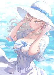 1girl absurdres blue_background blue_eyes blue_ribbon blush breasts ceras_yanagida_lilienfeld ceras_yanagida_lilienfeld_(summer_casual) closed_mouth collarbone commentary_request cropped_jacket dress dress_ribbon expressionless floating_hair grey_hair hair_ribbon hat highres jacket large_breasts link!_like!_love_live! long_hair love_live! nekomaru_nisei official_alternate_costume open_clothes open_jacket parted_lips pink_ribbon ribbon short-sleeved_jacket short_sleeves sleeveless sleeveless_dress solo sun_hat virtual_youtuber white_dress white_hat white_jacket