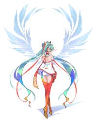 1girl absurdly_long_hair anniversary aqua_eyes aqua_hair artist_name artist_request backless_dress backless_outfit bare_shoulders birthday blue_eyes blue_hair boots breasts choker cleavage closed_mouth clothes_writing collarbone crossed_legs dress elbow_gloves female_focus from_behind full_body gloves goodsmile_racing gradient_hair gradient_legwear hair_ornament hair_ribbon happy_birthday hatsune_miku headphones highres long_hair looking_at_viewer looking_back low-cut multicolored_boots multicolored_hair multicolored_legwear orange_boots orange_choker orange_gloves orange_hair orange_ribbon panties pantyshot parted_lips race_queen racing_miku racing_miku_(2016) red_boots red_gloves red_hair ribbon shorts shorts_under_skirt shoulder_blades simple_background skirt smile solo standing strapless strapless_dress thigh_boots thigh_gap thighhighs twintails underwear very_long_hair vocaloid walking white_background white_dress white_panties white_shorts white_skirt wings yoneyama_mai