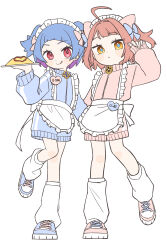 2girls :q absurdres ahoge apron azur_lane blue_hair blue_pupils blue_shoes character_name colored_inner_hair food full_body hand_up highres holding holding_plate ketchup leg_warmers looking_at_viewer mitsubasizu multicolored_hair multiple_girls omelet omurice pink_hair pink_shoes plate purple_hair red_eyes shoes short_hair simple_background sneakers standing tongue tongue_out two_side_up u-556_(azur_lane) u-81_(azur_lane) waist_apron white_background yellow_eyes