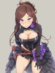 Rule 34 | 1girl, belt, black gloves, blush, breasts, brown hair, cleavage, dorothy (princess principal), gloves, gun, handgun, holding, long hair, medium breasts, ponytail, princess principal, purple eyes, revolver, shikuta maru, skirt, smile, solo, weapon