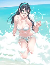 Rule 34 | 1girl, beach, bikini, black hair, breasts, feet out of frame, glasses, green eyes, highres, kantai collection, long hair, ooyodo (kancolle), open mouth, semi-rimless eyewear, small breasts, solo, splashing, swimsuit, under-rim eyewear, waves, white bikini, yuuji (and)