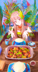 1girl absurdres arknights bowl brown_hair choker chopsticks closed_mouth elf food highres laurel_crown long_hair long_sleeves looking_at_viewer lyuqiu mole mole_under_eye muelsyse_(arknights) plant pointy_ears rice rice_bowl smile solo spoon utensil yellow_eyes