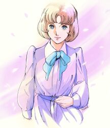 Rule 34 | 1girl, blue eyes, blue ribbon, brown hair, dated, highres, kujira gunsou, lipstick, long sleeves, makeup, misonoo nanako, oniisama e..., parted bangs, pink background, purple shirt, ribbon, shirt, short hair, solo