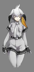 1girl black_gloves black_shorts breast_pocket closed_mouth collared_shirt fingerless_gloves gloves grey_background grey_pantyhose grey_shirt head_wings highres kemono_friends looking_at_viewer pantyhose pocket shirt shoebill_(kemono_friends) shorts simple_background solo wide-eyed wings yatsumeunagi yellow_eyes