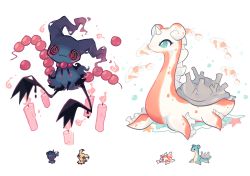 @_@ aqua_eyes bad_id bad_tumblr_id candle charamells commentary creatures_(company) english_commentary fire fish fire full_body fusion game_freak gen_1_pokemon gen_2_pokemon gen_7_pokemon goldeen highres horns lapras looking_at_viewer mimikyu misdreavus multiple_fusions nintendo no_humans pokemon pokemon_(creature) simple_background single_horn white_background