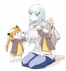 3girls aged_down alternate_costume girls&#039;_frontline hair_up highres hk416_(girls&#039;_frontline) multiple_girls playing_games shinoe_nun siblings simple_background sisters sitting sweater teacher twins twintails ump45_(girls&#039;_frontline) ump9_(girls&#039;_frontline) white_background