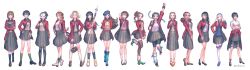 6+girls absurdres alternate_costume annallee_(suikoden) apple_(suikoden) bike_shorts black_hair blonde_hair bonaparte_(suikoden) book braid breasts brown_hair eilie_(suikoden) gensou_suikoden gensou_suikoden_ii glasses hachimaki hair_ornament hat headband highres karen_(suikoden) kasumi_(suikoden) long_hair looking_at_viewer medium_hair meg_(suikoden) millie_(suikoden) multiple_girls nanami_(suikoden) nina_(suikoden) open_mouth ponytail red_hair rina_(suikoden) sakai_(motomei) school_uniform short_hair sierra_mikain simple_background skirt smile staff tengaar_(suikoden) tomo_(suikoden) twintails v viki_(suikoden) wakaba_(suikoden) white_background wide_shot
