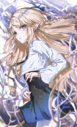 1girl absurdres alternate_costume black_necktie black_skirt blonde_hair blue_eyes cartethyia_(wuthering_waves) commentary cowboy_shot crown_of_thorns earrings from_side hanozuku high-waist_skirt highres jewelry long_hair long_sleeves looking_afar looking_to_the_side necktie pantyhose parted_lips pointy_ears shirt sidelocks skirt solo tacet_mark_(wuthering_waves) very_long_hair white_pantyhose white_shirt wuthering_waves