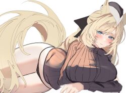 1girl absurdres animal_ears arknights black_hat black_panties black_sweater blonde_hair blue_eyes blush breasts bright_pupils closed_mouth cowboy_shot crossed_arms hat highres large_breasts long_hair long_sleeves looking_at_viewer lying micro_panties mo_komo_momo no_pants on_side panties ribbed_sweater simple_background solo sweater tail underwear whislash_(arknights) white_background white_pupils yellow_tail