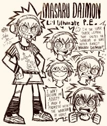 1boy :d absurdres angry bandaid bandaid_on_cheek bandaid_on_face bandaid_on_knee bandaid_on_leg character_name clenched_hands closed_mouth commentary daimon_masaru_(danganronpa) danganronpa_(series) danganronpa_another_episode:_ultra_despair_girls dated doodle_inset english_commentary english_text flaming_eyes flying_sweatdrops full_body greyscale grin hands_on_own_head hands_on_own_hips hatching_(texture) headphones highres josh-s26 male_focus monochrome multiple_views open_mouth puff_of_air shirt shoes short_hair short_sleeves shorts signature simple_background smile socks spiked_hair standing sweat teeth upper_teeth_only white_background wristband