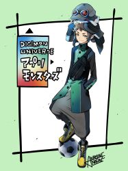 Rule 34 | absurdres, ball, digimon, goggles, goggles on head, green eyes, highres, naoki akamine, offmon, ozora yujin, sleeping, soccer ball