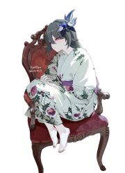 Rule 34 | 1girl, absurdres, artist name, chair, dated, eyeliner, fetal position, grey hair, hair between eyes, half-closed eyes, highres, honkai (series), honkai impact 3rd, japanese clothes, kimono, legs folded, long hair, makeup, nail polish, own hands together, peacock feathers, peacock feathers hair ornament, red eyes, sidelocks, sideways sitting pose (han-0v0), sitting, sleepy, solo, toenail polish, toenails, vita (honkai impact), wang15643756260, white background, yukata