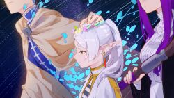 Rule 34 | 1boy, 2girls, absurdres, blue hair, commentary, earrings, elf, fern (sousou no frieren), frieren, from side, glaw, green eyes, hand on another&#039;s head, head wreath, highres, himmel (sousou no frieren), holding, holding staff, jewelry, long hair, long pointy ears, mage staff, multiple girls, pointy ears, purple hair, rain, sousou no frieren, staff