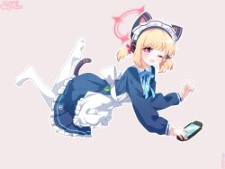 1girl ;d absurdres animal_ear_headphones animal_ears apron artist_name back_bow black_dress black_tail blonde_hair blue_archive blush bow cat_ear_headphones cat_ears cat_tail chinese_commentary collared_dress commentary_request contrast_collar dated dress fake_animal_ears fake_tail feet_up frilled_apron frilled_dress frills full_body hair_bow halo handheld_game_console headphones highres holding holding_handheld_game_console long_sleeves looking_at_viewer lying maid maid_apron maid_headdress medium_hair momoi_(blue_archive) momoi_(maid)_(blue_archive) no_shoes number_print official_alternate_costume official_alternate_hairstyle on_stomach one_eye_closed open_mouth outline pantyhose pink_background pink_bow pink_eyes pink_halo puffy_long_sleeves puffy_sleeves short_twintails sidelocks simple_background smile solo southernsandbox sparkle tail the_pose twintails v-shaped_eyebrows virtual_pet_(toy) white_apron white_bow white_headdress white_outline white_pantyhose