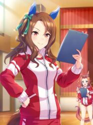 2girls absurdres animal_ears aqua_bow artist_request bare_legs blue_eyes bow breasts brown_hair clipboard closed_mouth collared_jacket cowboy_shot crest curtains day dot_nose ear_ornament eyelashes feet_out_of_frame game_cg gym gym_shorts hair_between_eyes hair_bow hand_on_own_hip happy high_collar highres holding holding_clipboard holding_pen horse_ears horse_girl horse_tail indoors jacket kawakami_princess_(umamusume) king_halo_(umamusume) knees light_blush light_particles light_rays long_hair long_sleeves medium_breasts multicolored_jacket multiple_girls official_art open_mouth pen reading red_eyes red_jacket red_shorts shirt short_shorts shorts sidelocks sleeves_past_wrists smile sparkle tail tracen_training_uniform track_jacket tsurime two-tone_jacket umamusume very_long_hair wavy_hair white_jacket white_shirt window writing zipper zipper_pull_tab