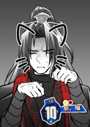 1boy black_hair black_hanfu chinese_clothes chinese_text claw_pose curtained_hair dovetree14 drawn_ears drawn_whiskers grey_background hair_ornament hanfu high_ponytail highres jia_qiu_(project_moon) limbus_company long_hair male_focus ponytail project_moon red_scarf scarf solo upper_body