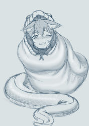 1girl absurdres animal animal_ears blush bulge cat_ears forked_tongue fozz_(fottsu) greyscale hair_between_eyes highres in_mouth inside_creature monochrome one_eye_closed original restrained simple_background sketch snake tearing_up tongue vore