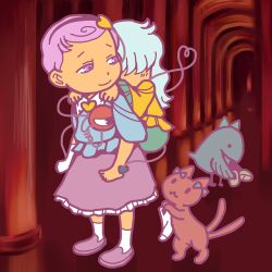 Rule 34 | 2girls, bird, blue shirt, carrying, chireiden, closed mouth, commentary request, crow, full body, green skirt, grey hair, hair ornament, hair over eyes, hallway, heart, heart hair ornament, heart of string, kaenbyou rin, kaenbyou rin (cat), komeiji koishi, komeiji satori, long hair, multiple girls, multiple tails, onikobe rin, piggyback, purple eyes, purple hair, purple skirt, purple slippers, red background, red cat, reiuji utsuho, reiuji utsuho (bird), shirt, short hair, siblings, sisters, skirt, slippers, smile, socks, tail, third eye, touhou, two tails, very short hair, white socks, yellow shirt