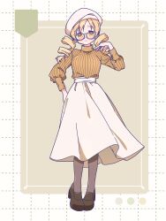 1girl absurdres beret blonde_hair blush brown_background brown_pantyhose brown_shirt brown_shoes closed_mouth commentary_request drill_hair full_body glasses grid hand_on_own_hip hand_up hat highres long_hair long_sleeves looking_at_viewer mahou_shoujo_madoka_magica pantyhose ruru_(rurumagi) shirt shoes skirt smile solo standing tomoe_mami turtleneck twin_drills twintails twitter_username white_hat white_skirt yellow_eyes yellow_shirt