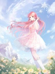 Rule 34 | 1girl, :o, artist request, bare arms, blue sky, blunt bangs, brown eyes, cloud, daisy (flower), day, dot nose, dress, earrings, feet out of frame, field, floating clothes, floating hair, flower, flower field, frilled sleeves, frills, game cg, hand in own hair, highres, jewelry, kneehighs, lace-trimmed socks, light particles, long hair, looking at viewer, miniskirt, miracle nikki, mountain, nikki (nikki), nikki (series), official art, open mouth, outdoors, pink dress, pink hair, pink shoes, pleated dress, pleated skirt, pom pom (clothes), pom pom earrings, puffy short sleeves, puffy sleeves, see-through clothes, see-through skirt, shoes, short dress, short sleeves, skirt, sky, snowflake print, snowflakes, socks, solo, spring (season), standing, third-party source, very long hair, white flower, white skirt, white sleeves, white socks, wind