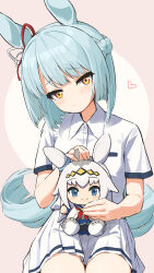 1girl absurdres animal_ears bob_cut bow braid character_doll closed_mouth commentary crown_braid doll dress_shirt ear_ribbon frown fujimasa_march_(umamusume) grey_hair half-closed_eyes head_tilt heart highres holding holding_doll horse_ears horse_girl horse_tail kasamatsu_tracen_school_uniform light_blush light_frown looking_at_viewer mikuru_ism miniskirt oguri_cap_(umamusume) pleated_skirt school_uniform shirt short_hair short_sleeves sitting skirt solo tail umamusume umamusume:_cinderella_gray white_shirt white_skirt wing_collar yellow_eyes