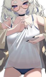 1girl :o adjusting_bra adjusting_clothes black_choker blue_bra blue_panties blush bra breasts camisole choker collarbone commentary cowboy_shot english_commentary fingernails glasses highres large_breasts long_hair looking_at_viewer meg_(wakamepiza) nail_polish no_pants original panties round_eyewear see-through_silhouette semi-rimless_eyewear simple_background solo strap_slip thick_eyebrows thighs under-rim_eyewear underwear wakamepiza white_background white_camisole yellow-framed_eyewear