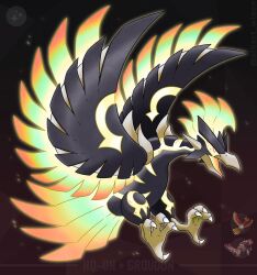 albrt-wlson alternate_color animal_focus bird character_name commentary embers english_commentary full_body fusion gen_2_pokemon gen_3_pokemon groudon highres ho-oh legendary_pokemon nintendo no_humans official_art_inset open_mouth orange_eyes pokemon pokemon_(creature) pokemon_focus primal_groudon procreate_(medium) reference_inset shiny_pokemon solo talons