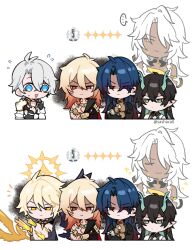 1other 4boys ancient_greek_clothes antenna_hair armor bandaged_hand bandages black_bodysuit black_choker black_coat black_gloves black_hair black_ribbon black_shirt blade_(honkai:_star_rail) blonde_hair blue_eyes blue_hair body_markings bodysuit braid chinese_clothes choker closed_eyes closed_mouth clothing_cutout coat colored_inner_hair commentary crossed_arms crossed_bangs dan_heng_(honkai:_star_rail) dan_heng_(imbibitor_lunae)_(honkai:_star_rail) dark_skin detached_collar dragon_boy dragon_horns earrings english_commentary fingerless_gloves flying_sweatdrops gauntlets gloves gold_earrings gradient_hair greco-roman_clothes grey_hair hair_ornament half-closed_eyes halo halo_behind_head hand_up highres honkai:_star_rail honkai_(series) horns jacket jewelry long_hair looking_at_another looking_at_viewer mandarin_collar multicolored_hair multiple_boys multiple_views mydei_(honkai:_star_rail) nanook_(honkai:_star_rail) notice_lines official_alternate_costume official_alternate_eye_color official_alternate_hair_color official_alternate_hairstyle open_mouth phainon_(honkai:_star_rail) phainon_(khaslana)_(honkai:_star_rail) pointy_ears red_eyes red_hair ribbon sashacall shaded_face shirt short_hair shoulder_armor simple_background single_bare_shoulder single_braid single_earring smile sparkle star_(symbol) streaked_hair sun_symbol sweatdrop twin_braids upper_body v-shaped_eyebrows white_background white_hair white_jacket white_shirt yellow_eyes