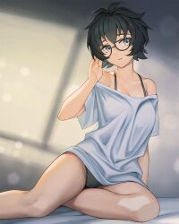 1girl arm_behind_head black-framed_eyewear black_hair black_panties black_straps blue_shirt glasses highres indoors kowloon_generic_romance kujirai_reiko mattress panties parted_lips rotix shirt short_hair thighs underwear window_shadow