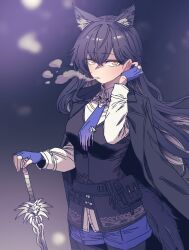 1girl absurdres animal_ear_piercing animal_ears anygatsby arknights arm_up black_coat black_gloves black_hair black_pantyhose cigarette coat coat_on_shoulders collared_shirt cowboy_shot fingerless_gloves gloves hair_behind_ear hair_between_eyes hair_flip hand_in_own_hair hand_on_hilt hand_on_own_ear hashtag-only_commentary highres long_hair long_sleeves mouth_hold necktie official_alternate_costume pantyhose purple_gloves purple_necktie purple_shorts shirt shorts smoke smoking solo standing sword texas_(arknights) texas_the_omertosa_(arknights) torn_clothes torn_necktie weapon white_shirt wolf_ears wolf_girl yellow_eyes