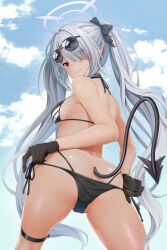Rule 34 | 1girl, ass, back, bare shoulders, bikini, bikini pull, black bow, black gloves, blue archive, blue sky, bow, breasts, butt crack, chinese commentary, closed mouth, clothes pull, cloud, commentary, cowboy shot, dark-skinned female, dark skin, day, demon girl, demon tail, denhijou niki, english commentary, eyes visible through hair, eyewear on head, from behind, from below, gloves, grey hair, hair bow, hair over one eye, halo, halterneck, highres, iori (blue archive), iori (swimsuit) (blue archive), kneepits, long bangs, long hair, medium breasts, mixed-language commentary, multi-strapped bikini bottom, official alternate costume, outdoors, paid reward available, partially visible vulva, pointy ears, pulling own clothes, purple halo, red eyes, side-tie bikini bottom, sideboob, sidelocks, sky, smile, solo, sunglasses, swimsuit, tail, tail raised, tan, thigh strap, thighs, twintails, variant set, very long hair