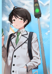 1boy 1girl absurdres ahoge backpack bag black_hair blazer brown_eyes chinese_commentary commentary_request day green_necktie hand_in_pocket highres jacket jyuunen-kun long_sleeves make_heroine_ga_oo_sugiru! necktie nukumizu_kazuhiko outdoors parted_lips school_uniform short_hair sky solo traffic_light tsuwabuki_high_school_uniform white_jacket
