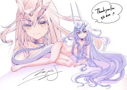 Rule 34 | 1girl, artist name, bare arms, bare legs, bare shoulders, barefoot, bow, breasts, character hood, collarbone, completely nude, dialogue box, dragon horn, dragon tail, fate/grand order, fate (series), forked eyebrows, full body, hair between eyes, highres, long hair, looking at viewer, melusine (fate), melusine (swimsuit ruler) (fate), melusine (swimsuit ruler) (third ascension) (fate), miyaka (58305841), navel, nude, purple bow, signature, simple background, small breasts, smile, solo, tail, thighs, toes, white background, white hair, yellow eyes