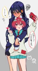 ... 2girls amate_yuzuriha blue_eyes blue_jacket blue_shirt blue_skirt blush collared_shirt commentary_request finger_heart gel_(nukoleg) grey_background gundam gundam_gquuuuuux heart highres holding holding_phone hug hug_from_behind jacket long_hair long_sleeves multiple_girls necktie nyaan_(gundam_gquuuuuux) open_mouth phone pleated_skirt purple_hair red_hair red_necktie school_uniform selfie shirt short_hair skirt speech_bubble spoken_ellipsis squiggle taking_picture translation_request two-tone_background white_background yellow_eyes yuri