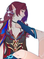 Rule 34 | 2girls, breasts, chasca (genshin impact), cleavage, dark-skinned female, dark skin, earrings, fishhh, genshin impact, glowing, jewelry, legs up, mualani (genshin impact), multiple girls, pointy ears, red hair, sexually suggestive, spread legs, tan, tanline, tattoo, white background, yuri