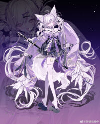 1girl absurdly_long_hair absurdres ahoge animal_ear_fluff animal_ears bare_shoulders bell black_bow black_skirt bow drowsyww fox_ears fox_tail frills full_body hair_bow hair_ornament hairclip highres holding japanese_clothes katana kimono long_hair long_sleeves looking_at_viewer off_shoulder okobo open_mouth original platform_sandals purple_background purple_bow ribbon_trim sandals sheath sheathed skirt smile solo sword tail tassel thighhighs very_long_hair weapon white_hair white_thighhighs wide_sleeves zoom_layer