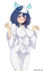 1girl absurdres blue_eyes blue_fire blue_hair blush breasts closed_mouth covered_erect_nipples fire furrowed_brow ghost_costume ghost_pose hairband hands_up highres large_breasts looking_at_viewer make_heroine_ga_oo_sugiru! paper_hat robe roswell_ss sash simple_background solo v-shaped_eyebrows wavy_mouth white_background white_hairband white_robe white_sash wide_sleeves yanami_anna