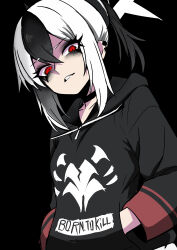 1girl absurdres black_background black_eyeliner black_eyeshadow black_hair black_hoodie blue_archive breasts clenched_teeth earclip eyeliner eyeshadow hair_between_eyes halo hands_in_pockets highres hood hood_down hoodie j.k._(style) kayoko_(blue_archive) long_sleeves looking_at_viewer makeup multicolored_hair nagainegi parted_lips ponytail red_eyes sidelocks simple_background small_breasts solo teeth two-tone_hair white_hair white_halo
