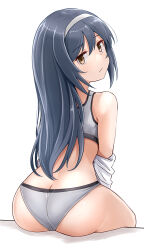 1girl ass back black_hair brown_eyes butt_crack closed_mouth clothes_pull commentary_request commission from_behind frown girls_und_panzer grey_panties grey_sports_bra hairband highres kitayama_miuki long_hair looking_at_viewer looking_back panties partial_commentary reizei_mako shirt shirt_pull sitting skeb_commission solo sports_bra sports_panties underwear underwear_only undressing white_hairband white_shirt